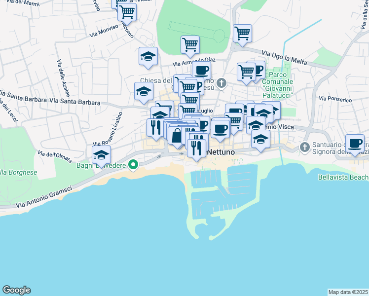 map of restaurants, bars, coffee shops, grocery stores, and more near Via Antonio Gramsci in Nettuno