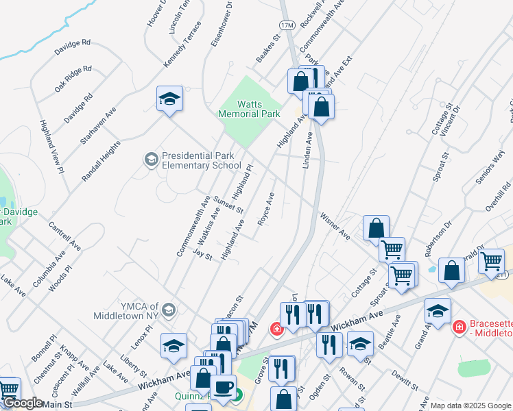 map of restaurants, bars, coffee shops, grocery stores, and more near 174 Highland Avenue in Middletown