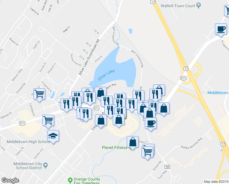 map of restaurants, bars, coffee shops, grocery stores, and more near 98 Kendal Lane in Middletown