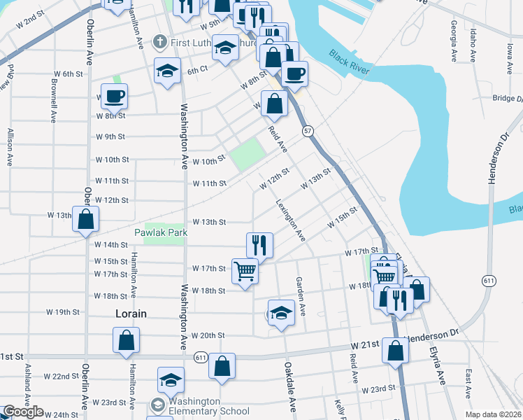 map of restaurants, bars, coffee shops, grocery stores, and more near 755 West 13th Street in Lorain