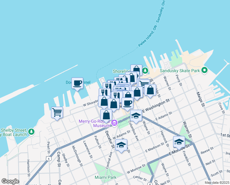 map of restaurants, bars, coffee shops, grocery stores, and more near 103 West Shoreline Drive in Sandusky