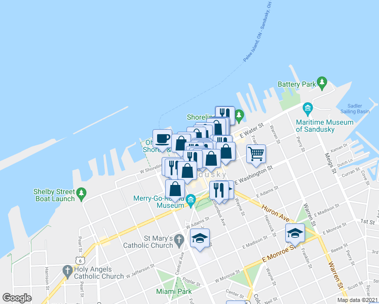map of restaurants, bars, coffee shops, grocery stores, and more near 103 West Shoreline Drive in Sandusky