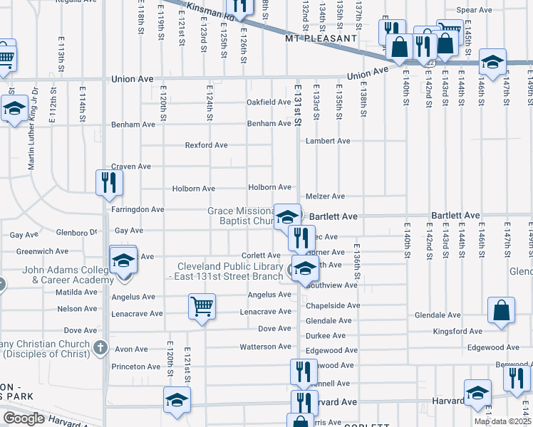 map of restaurants, bars, coffee shops, grocery stores, and more near 12905 Gay Avenue in Cleveland