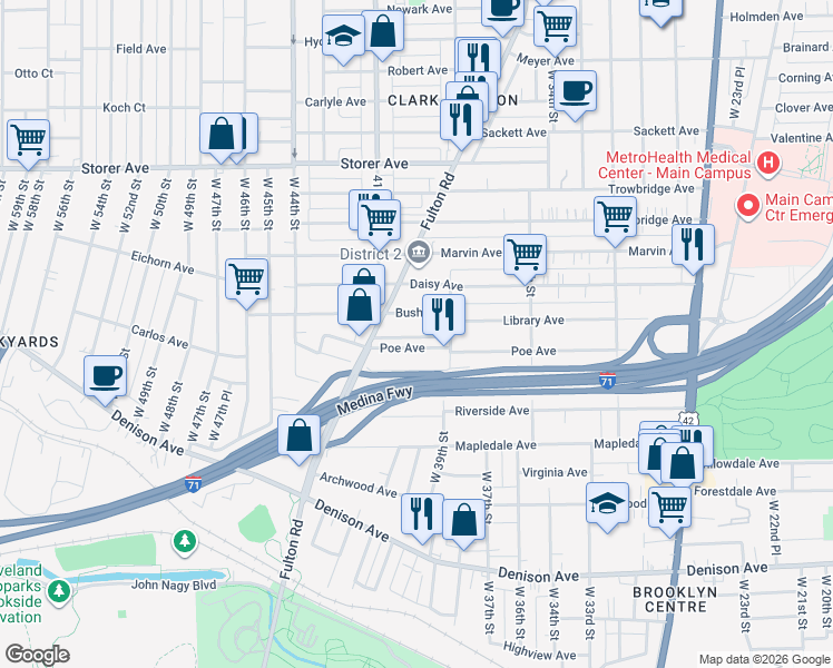 map of restaurants, bars, coffee shops, grocery stores, and more near 3917 Poe Avenue in Cleveland