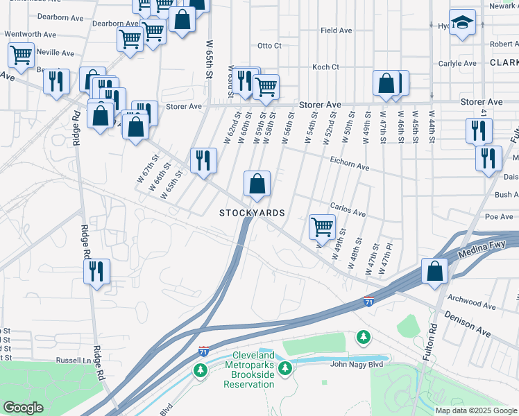 map of restaurants, bars, coffee shops, grocery stores, and more near 5603 Denison Avenue in Cleveland