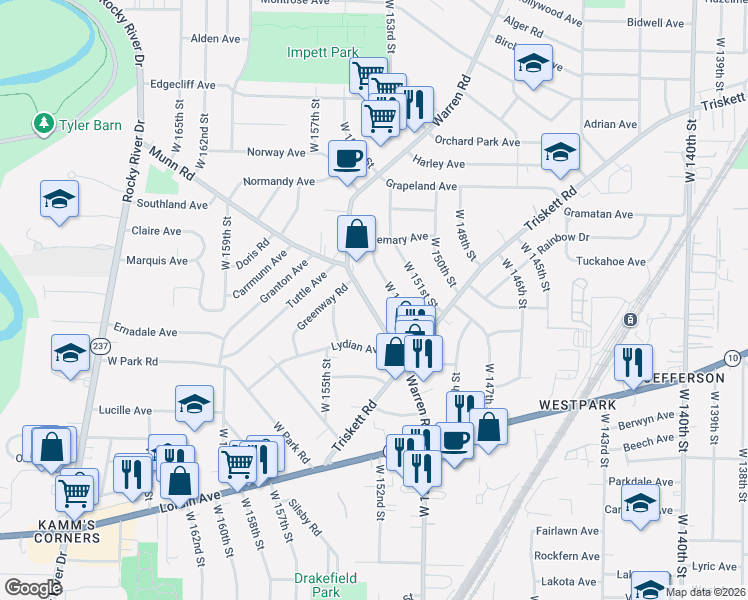 map of restaurants, bars, coffee shops, grocery stores, and more near 3582 Warren Road in Cleveland
