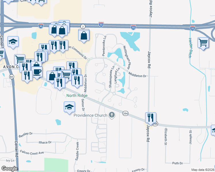 map of restaurants, bars, coffee shops, grocery stores, and more near 2401 Worthington Place in Avon