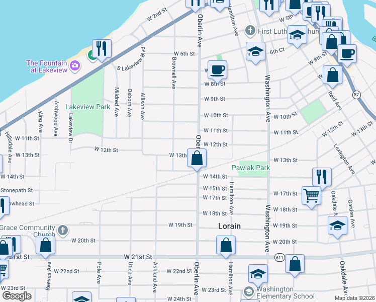 map of restaurants, bars, coffee shops, grocery stores, and more near 1227 West 13th Street in Lorain