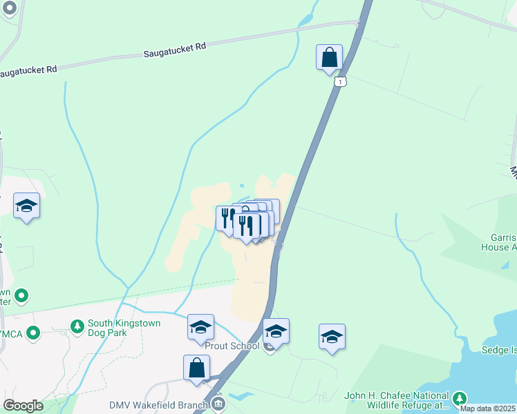map of restaurants, bars, coffee shops, grocery stores, and more near 1 Grande Isle Drive in South Kingstown