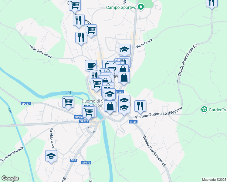 map of restaurants, bars, coffee shops, grocery stores, and more near 58 Strada Provinciale Leuciana in Pontecorvo