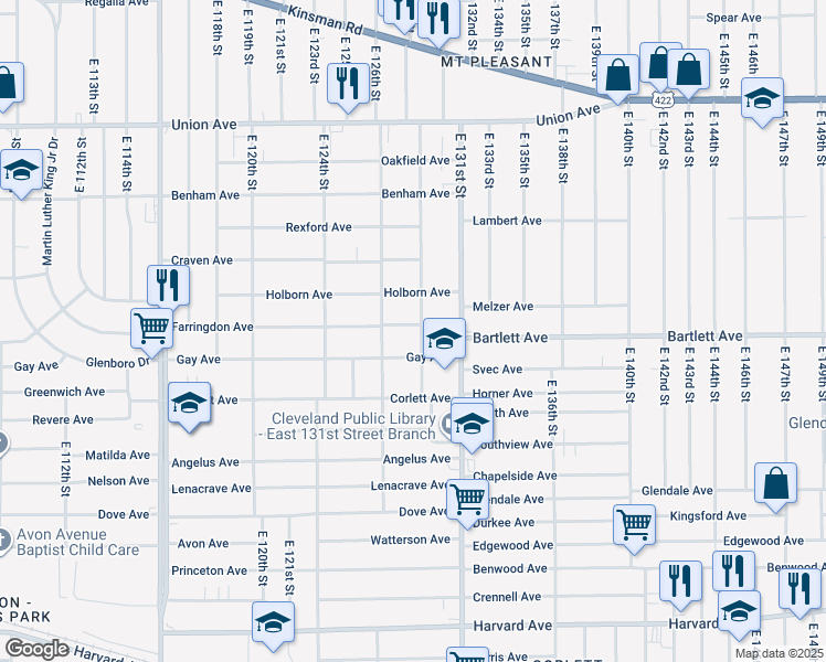 map of restaurants, bars, coffee shops, grocery stores, and more near 12905 Gay Avenue in Cleveland