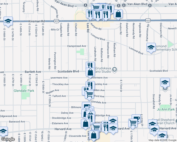 map of restaurants, bars, coffee shops, grocery stores, and more near Lee Rd & Scottsdale Blvd in Shaker Heights