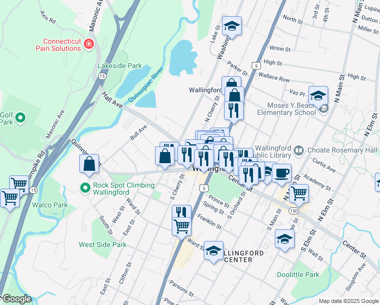 map of restaurants, bars, coffee shops, grocery stores, and more near 38 North Cherry Street in Wallingford