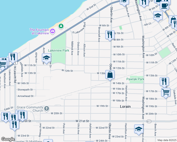 map of restaurants, bars, coffee shops, grocery stores, and more near 1406 West 13th Street in Lorain