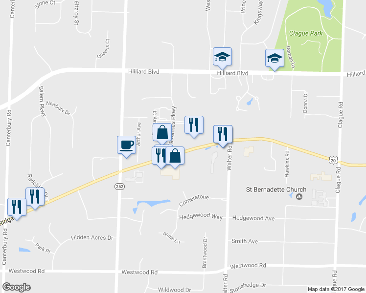 map of restaurants, bars, coffee shops, grocery stores, and more near 24960 Center Ridge Road in Westlake
