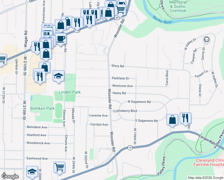 map of restaurants, bars, coffee shops, grocery stores, and more near 19885 Henry Road in Fairview Park