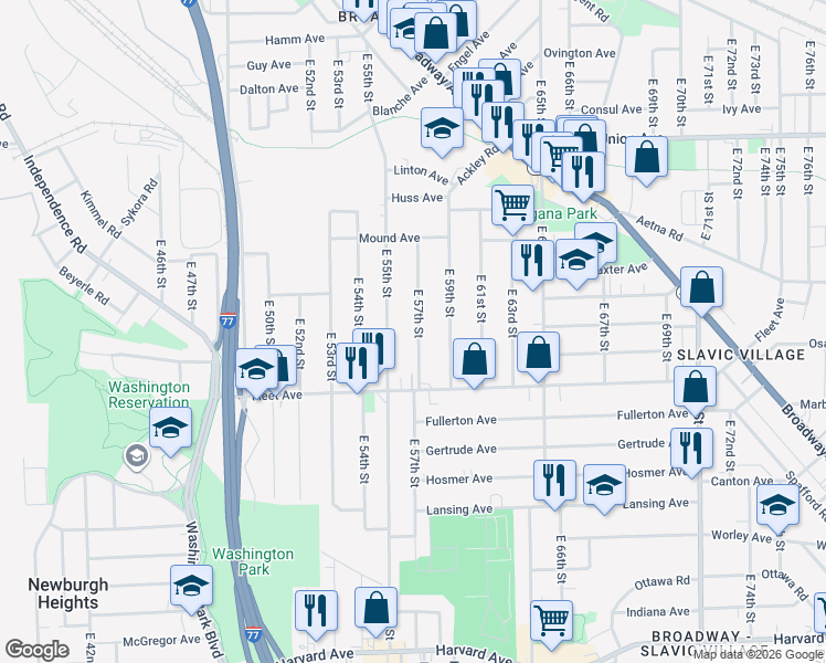 map of restaurants, bars, coffee shops, grocery stores, and more near 3727 East 57th Street in Cleveland