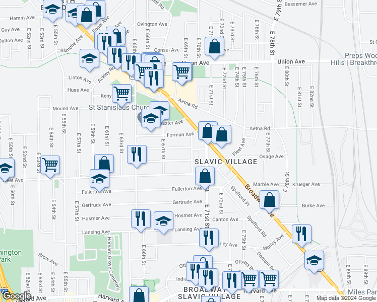 map of restaurants, bars, coffee shops, grocery stores, and more near 3702 East 69th Street in Cleveland