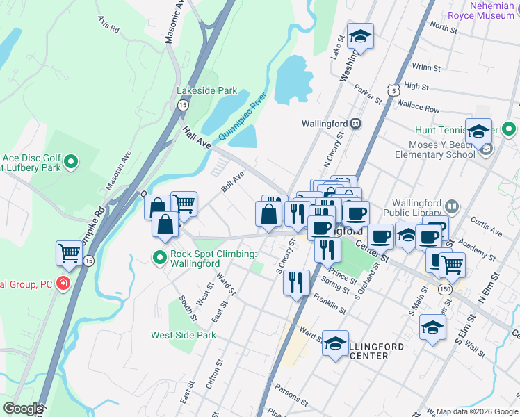 map of restaurants, bars, coffee shops, grocery stores, and more near 112 Washington Street in Wallingford
