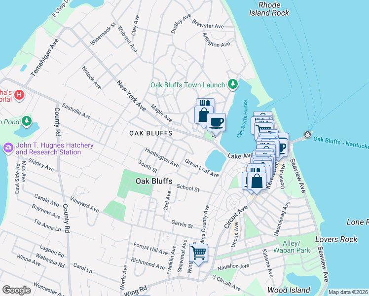 map of restaurants, bars, coffee shops, grocery stores, and more near 25 Green Leaf Avenue in Oak Bluffs