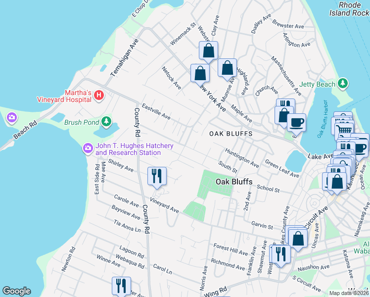 map of restaurants, bars, coffee shops, grocery stores, and more near 26 Prospect Avenue in Oak Bluffs