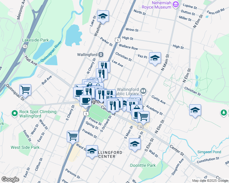 map of restaurants, bars, coffee shops, grocery stores, and more near 56 North Orchard Street in Wallingford
