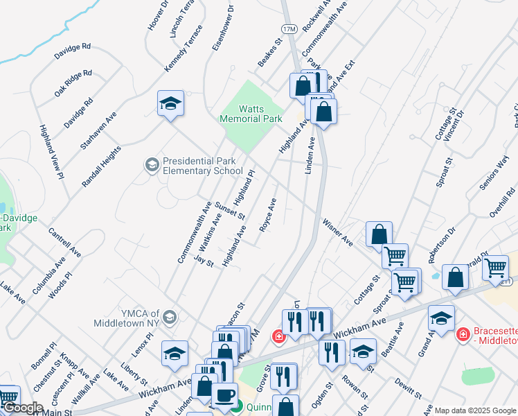 map of restaurants, bars, coffee shops, grocery stores, and more near 174 Highland Avenue in Middletown