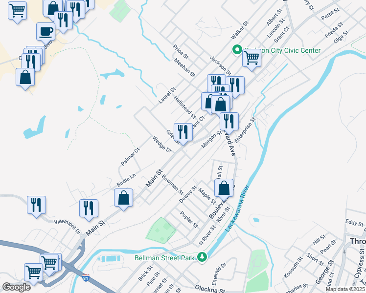 map of restaurants, bars, coffee shops, grocery stores, and more near 601 Morgan Street in Dickson City