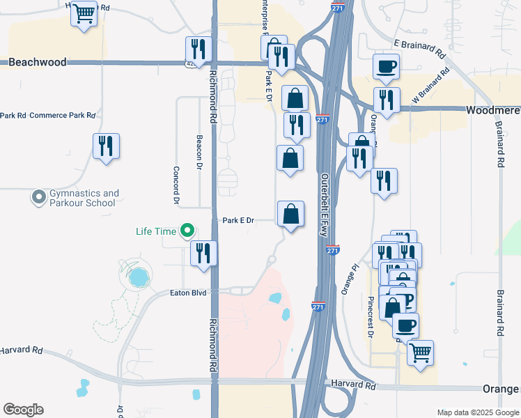 map of restaurants, bars, coffee shops, grocery stores, and more near in Beachwood