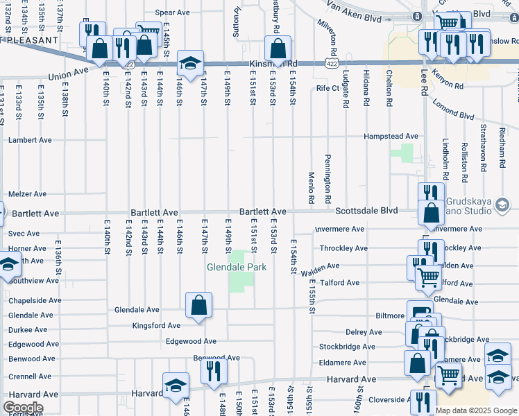 map of restaurants, bars, coffee shops, grocery stores, and more near 3764 East 153rd Street in Cleveland