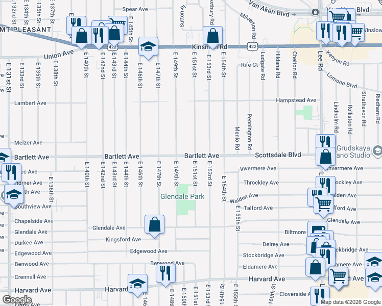 map of restaurants, bars, coffee shops, grocery stores, and more near 3762 East 151st Street in Cleveland