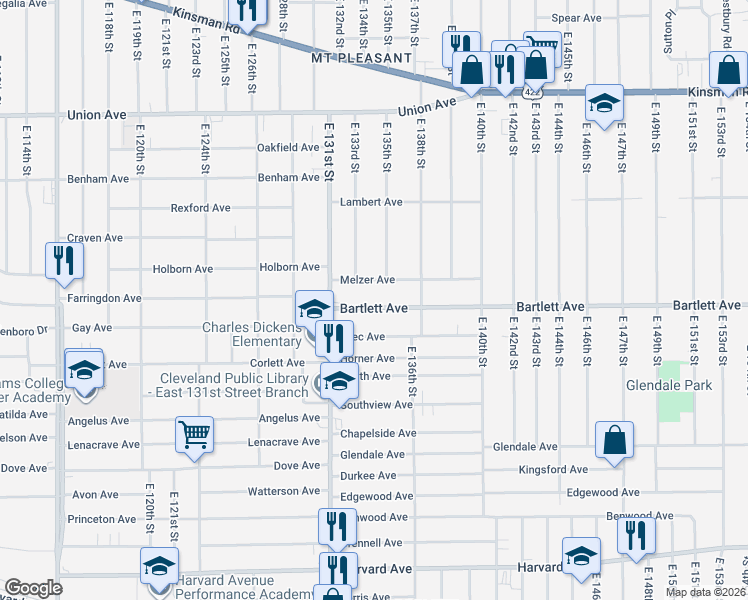 map of restaurants, bars, coffee shops, grocery stores, and more near 13305 Svec Avenue in Cleveland