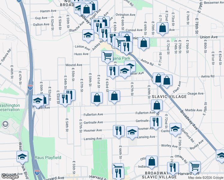 map of restaurants, bars, coffee shops, grocery stores, and more near 3722 East 65th Street in Cleveland