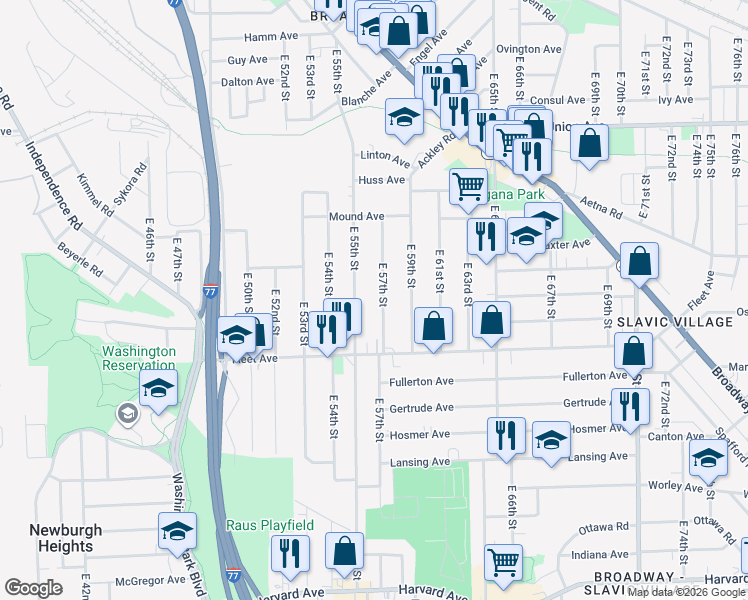 map of restaurants, bars, coffee shops, grocery stores, and more near 3727 East 57th Street in Cleveland