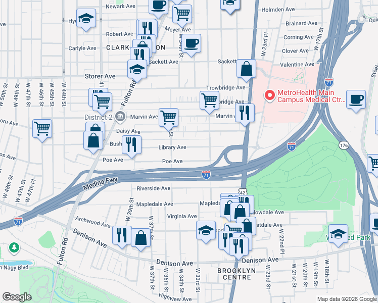map of restaurants, bars, coffee shops, grocery stores, and more near 3409 Poe Avenue in Cleveland