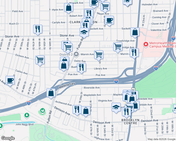 map of restaurants, bars, coffee shops, grocery stores, and more near 3719 Poe Avenue in Cleveland