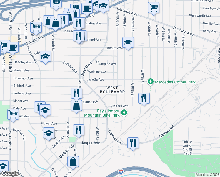 map of restaurants, bars, coffee shops, grocery stores, and more near 10113 Curran Avenue in Cleveland