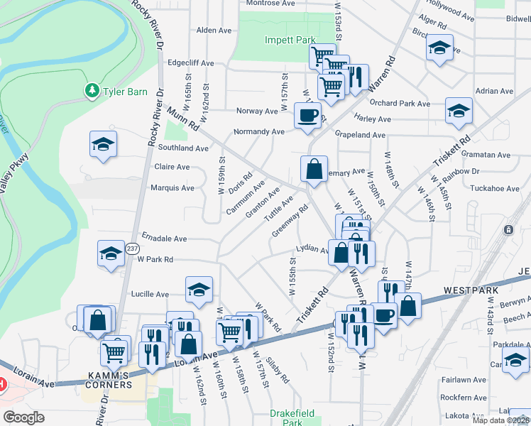 map of restaurants, bars, coffee shops, grocery stores, and more near 15616 Greenway Road in Cleveland