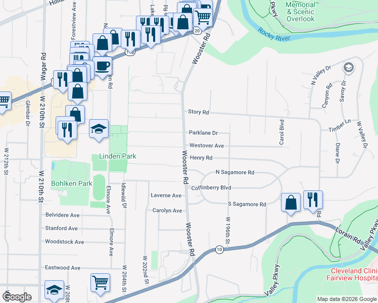 map of restaurants, bars, coffee shops, grocery stores, and more near 19885 Henry Road in Fairview Park