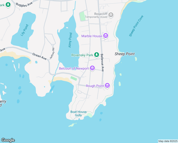 map of restaurants, bars, coffee shops, grocery stores, and more near 5 Ledge Road in Newport