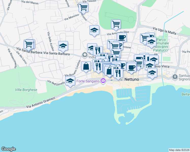map of restaurants, bars, coffee shops, grocery stores, and more near 3 Via Stazione Vecchia in Nettuno