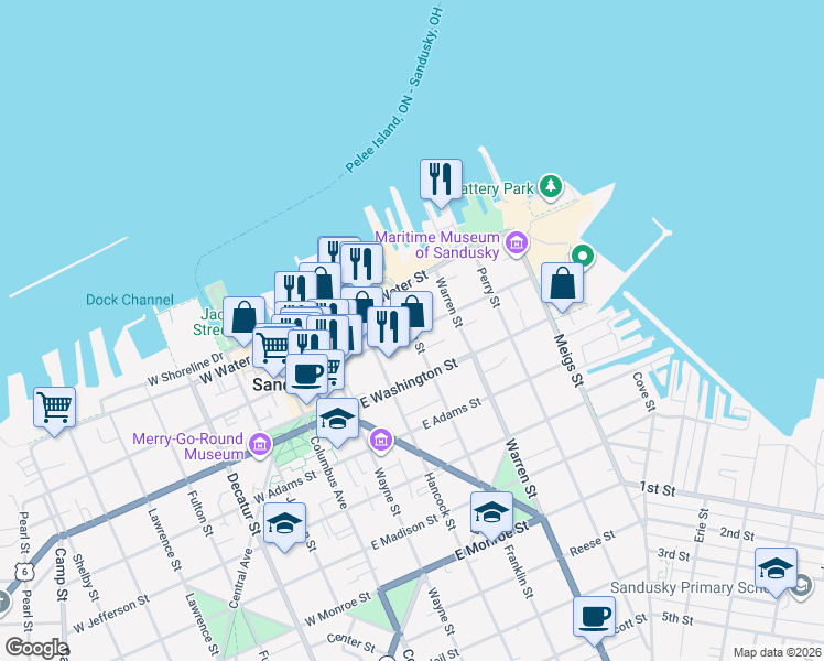 map of restaurants, bars, coffee shops, grocery stores, and more near 199 Franklin Street in Sandusky