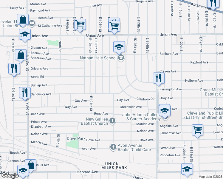 map of restaurants, bars, coffee shops, grocery stores, and more near 3680 East 110th Street in Cleveland