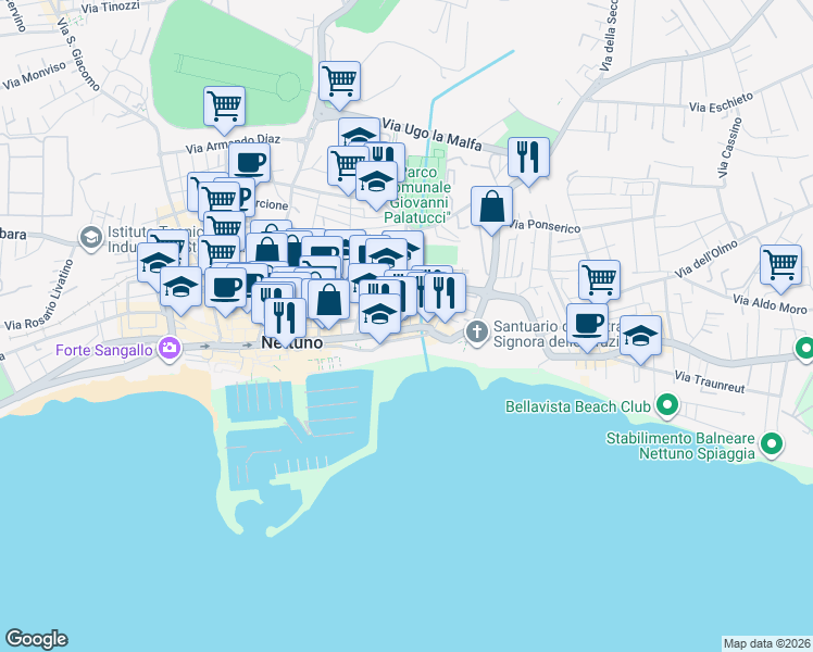 map of restaurants, bars, coffee shops, grocery stores, and more near 119 Viale Giacomo Matteotti in Nettuno