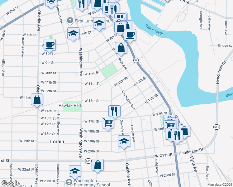 map of restaurants, bars, coffee shops, grocery stores, and more near 677 West 12th Street in Lorain