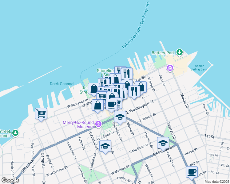 map of restaurants, bars, coffee shops, grocery stores, and more near 202 East Water Street in Sandusky