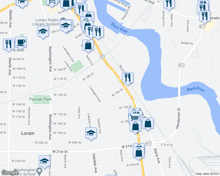map of restaurants, bars, coffee shops, grocery stores, and more near 225 West 14th Street in Lorain