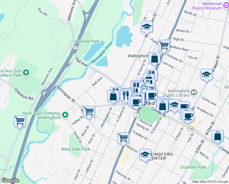 map of restaurants, bars, coffee shops, grocery stores, and more near 196 Hall Avenue in Wallingford