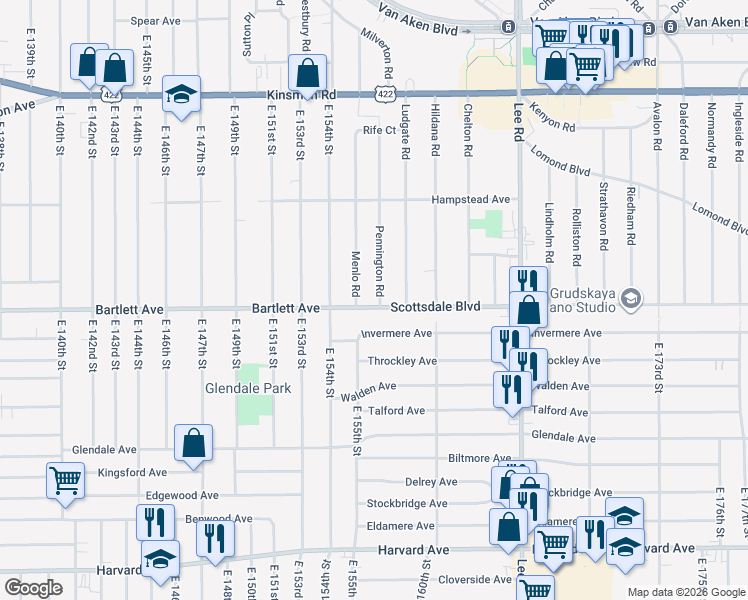 map of restaurants, bars, coffee shops, grocery stores, and more near 3718 Pennington Road in Shaker Heights