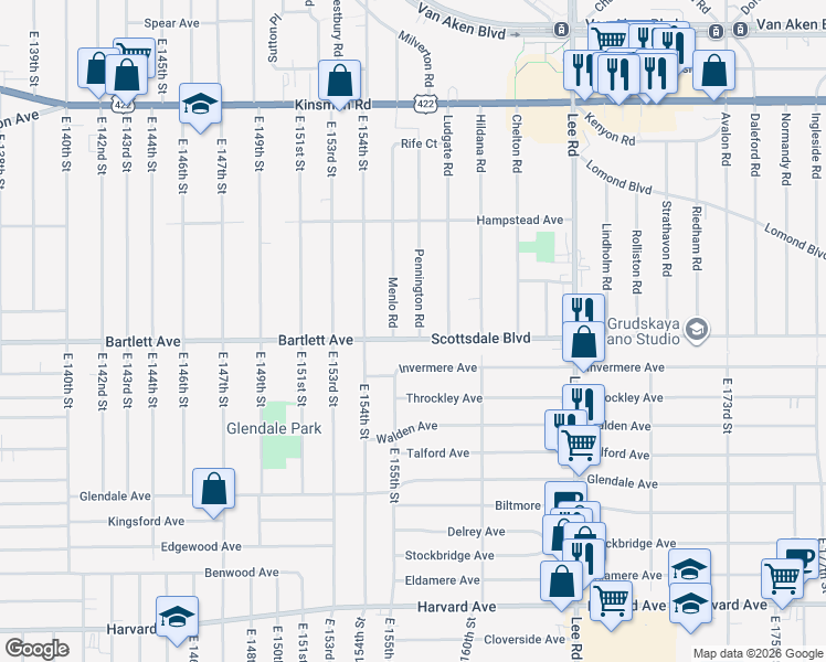map of restaurants, bars, coffee shops, grocery stores, and more near 3718 Pennington Road in Shaker Heights